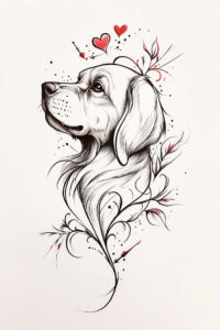 Dog head, heart, leaf, and vine elements in black and grey with red accents; tattoo project idea; not intended as cover-up.