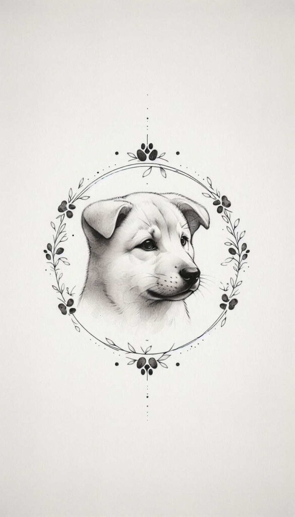 Dog head in black and grey fine-line tattoo, circular floral wreath with leaves and tiny dots; AI-generated project idea; suitable for a cover-up.