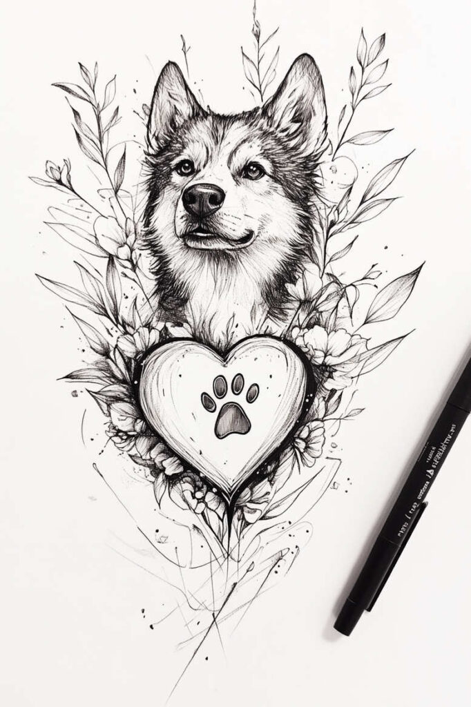 Dog portrait in black and grey ink with a heart and paw print, surrounded by leaves and flowers; project, not ideal for cover-up.