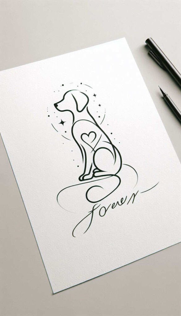 Black ink line drawing of a seated dog with a heart on the chest, surrounded by stars on white paper; project idea; not for cover-up.