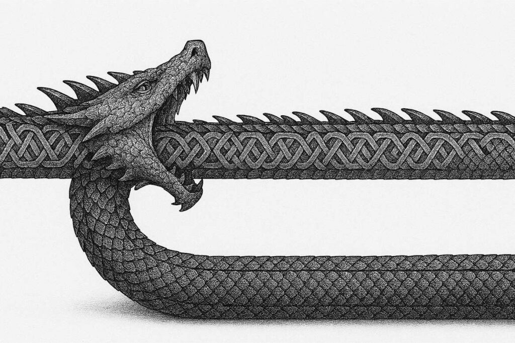 Dragon head with open mouth and spines, serpentine body covered in scales, and a long black-and-grey Celtic knotwork band; AI-generated tattoo project idea; suitable for a cover-up.