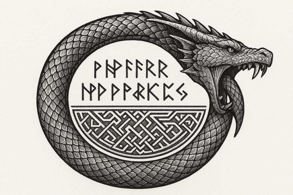 Dragon wrapped around a circle with intricate Celtic knotwork in black and grey; AI-generated tattoo project concept, not specifically a cover-up.