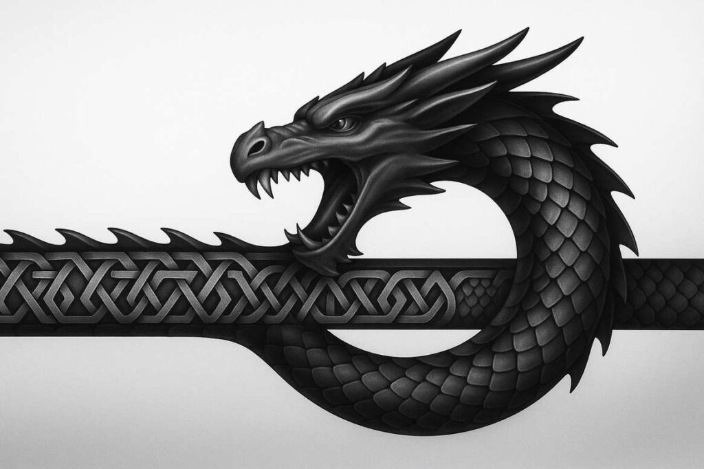 Dragon head and band with Celtic knotwork in black and grey; AI-generated tattoo project concept, suitable for a cover-up.