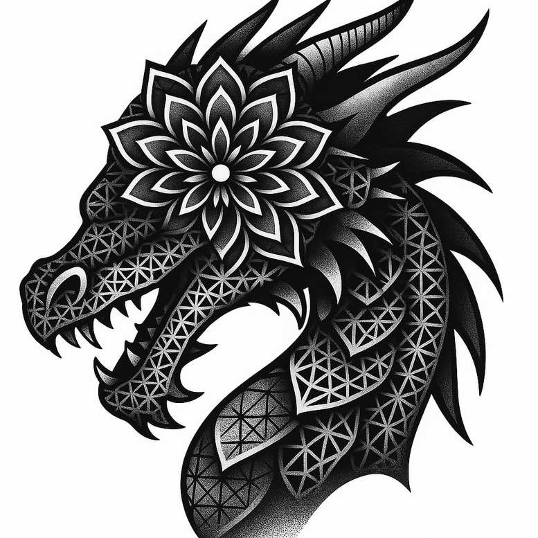 Dragon head in black and grey with lotus-style flower on crown, geometric scales along the neck; AI-generated tattoo project; cover-up ready pattern.
