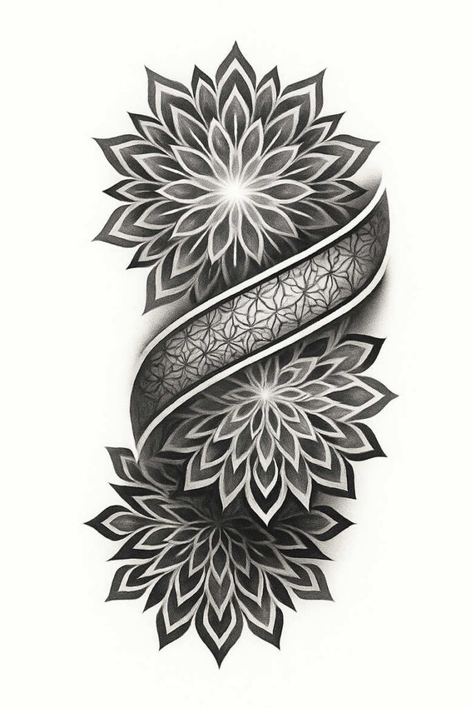 Two black and grey mandala flowers connected by a curved band with lattice shading; tattoo design concept (AI-generated tattoo project).