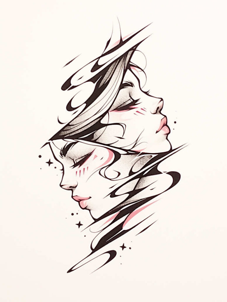 Two faces in profile rendered in black and grey linework with hair, star accents, and flowing swirls; a project idea, suitable for a cover-up.