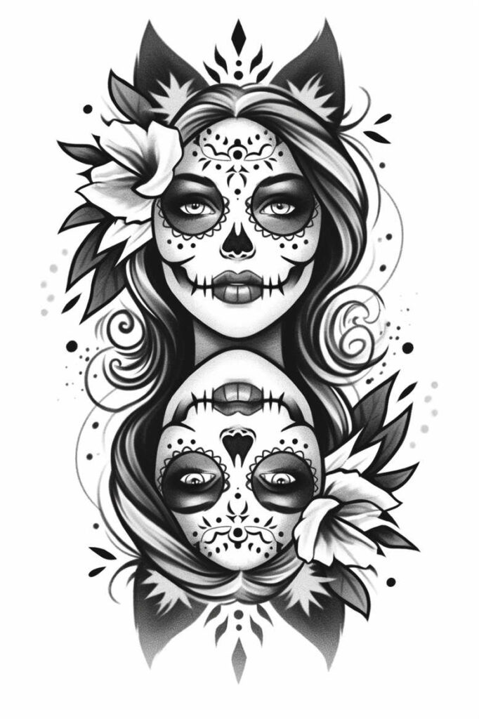 Face, flower, hair; black and grey sugar skull portrait with floral accents; project idea, cover-up ready.