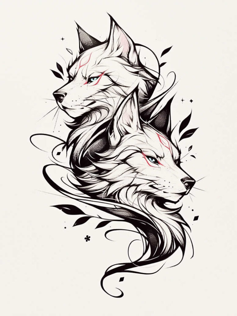 Two wolves in black line-art with red eye accents and flowing swirls on a cream background; tattoo project idea; not suitable for cover-up.