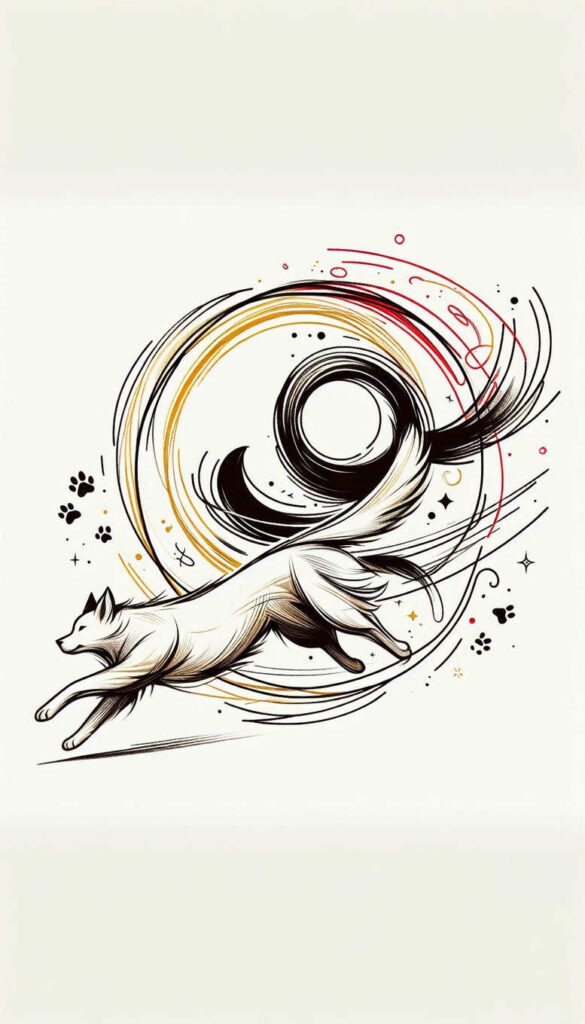 Cat leaping through energetic circular swirls in black ink with yellow and red accents; tattoo design idea, suitable for cover-up.