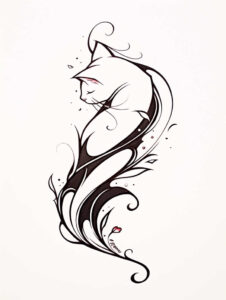 Cat silhouette with flowing black linework and decorative swirls, pink nose accent; black and grey tattoo idea; cover-up suitability: not ideal.