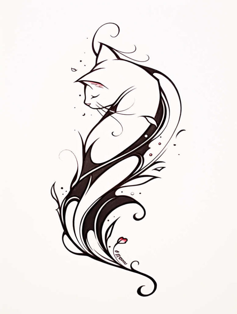 Cat silhouette with flowing black linework and decorative swirls, pink nose accent; black and grey tattoo idea; cover-up suitability: not ideal.