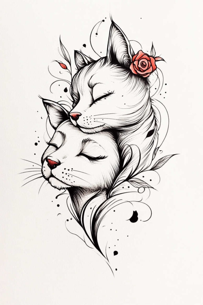 Two cats in flowing line-art with a red rose on the top cat; black and grey palette with red accent; project concept; not primarily a cover-up.