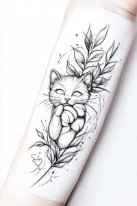 Black and grey cat among leaves and a branch with small heart accents; AI-generated tattoo project; not specifically a cover-up.