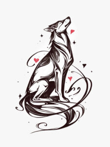 Dog silhouette in black and grey ink with flowing swirls, red hearts, and star accents; a tattoo design concept; ideal for a cover-up.