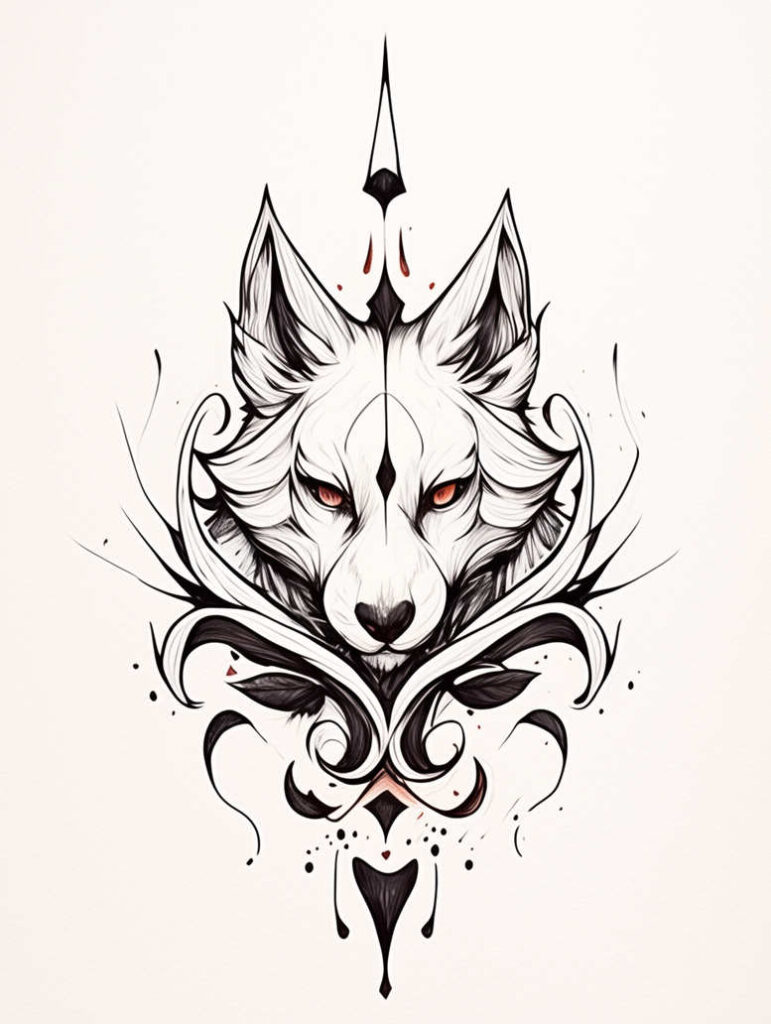 Wolf head tattoo design in black and grey linework with ornamental pattern, red eyes, and ink droplets; a tattoo project, suitable for cover-up.