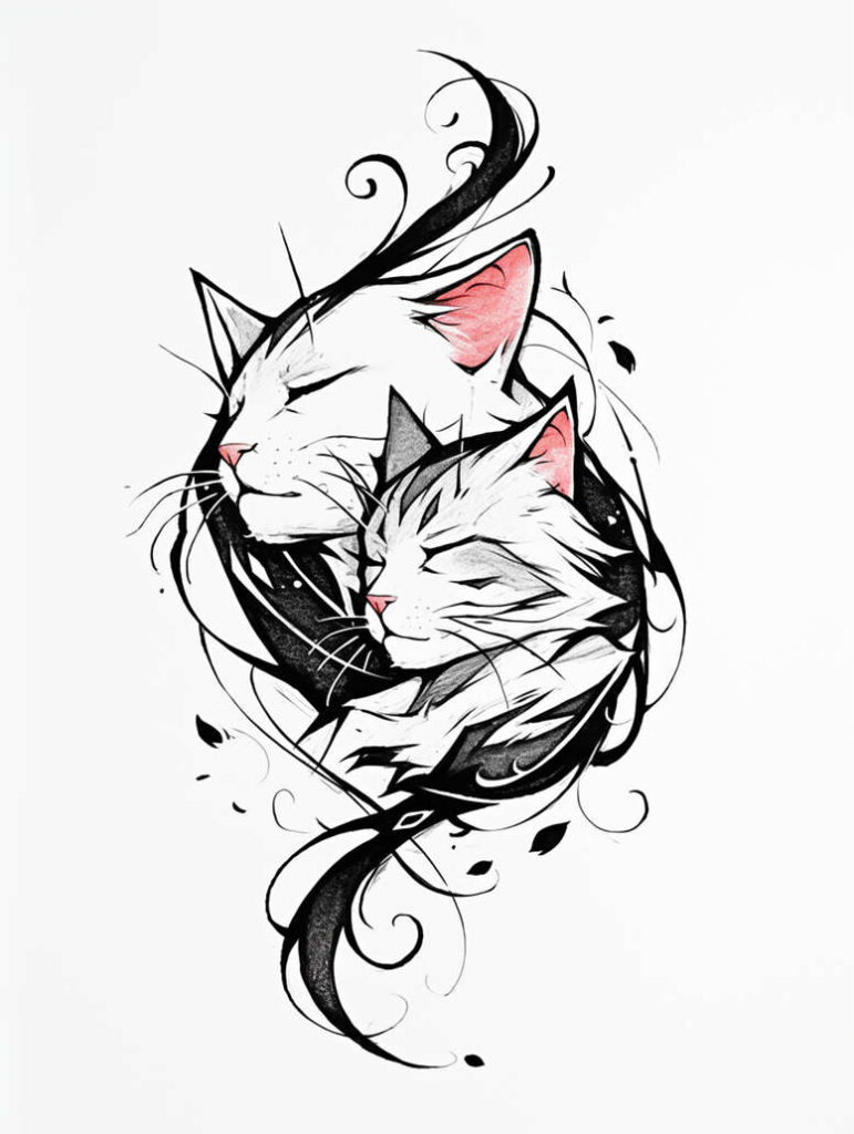Two white cats with black outlines and pink ears, surrounded by flowing black swirls; black and grey project; cover-up suitable.