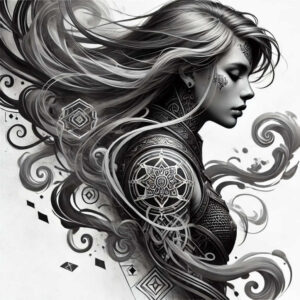artistic-face – tattoo design ideas free ai generated – surrealism-dynamic-shapes – for-lower-thigh – Gallery: faces-inkby-ai
