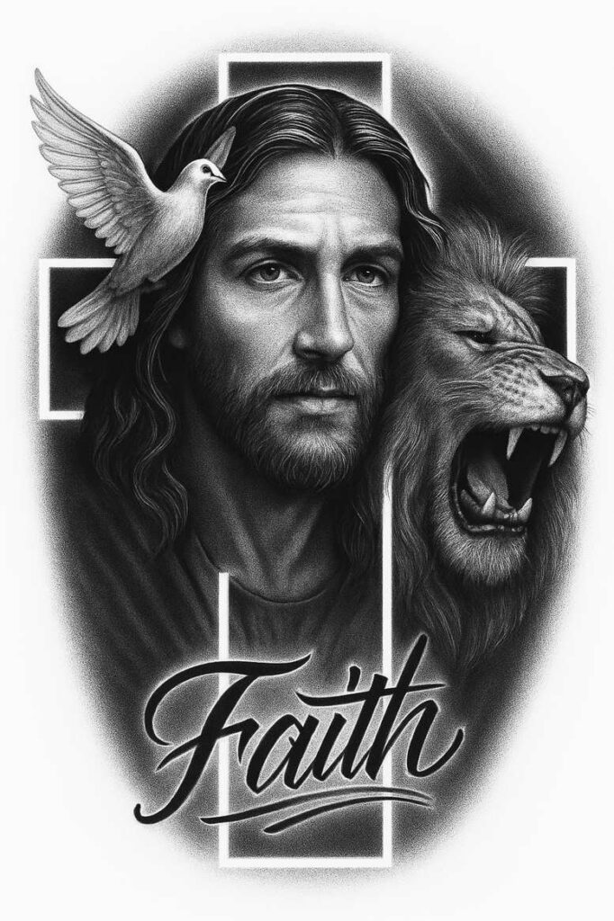 Black and grey Jesus Christ portrait with dove, wolf, cross frames, and faith banner; project concept, suitable for cover-up.