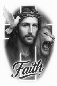 Jesus-centered black and grey tattoo idea with a dove, wolf, frame, and the word Faith; dark composition, cover-up ready.