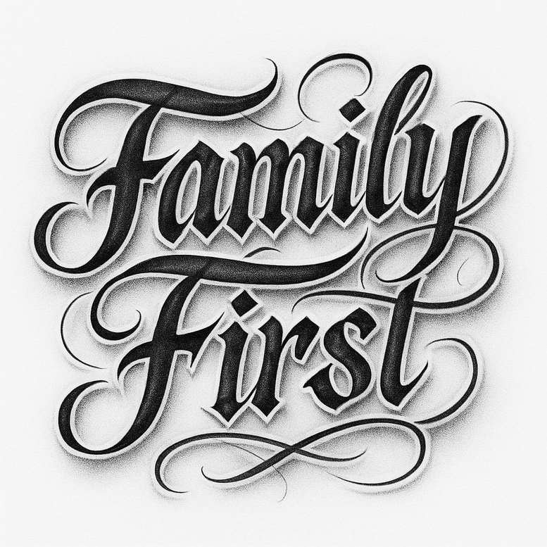 Black and grey script lettering reading 'Family First' with ornate flourishes on white background; tattoo design idea.
