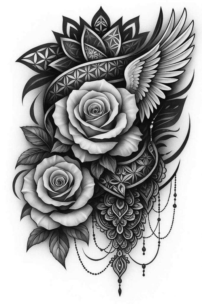 Two black-and-grey roses with a wing, a jeweled pendant, beads, and leaves; black-and-grey tattoo project; suitable for a cover-up.