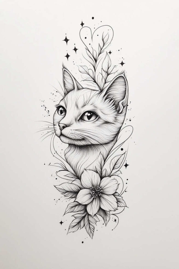 Cat head with leaves and a large flower, fine line shading, black and grey on white background; tattoo project idea; not a cover-up.