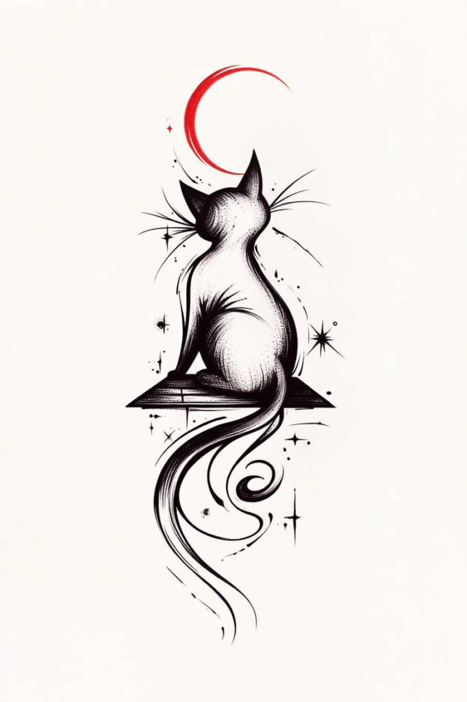 Cat on a ledge with red crescent moon, black and grey linework, and star accents; AI-generated tattoo project; not ideal for cover-up.