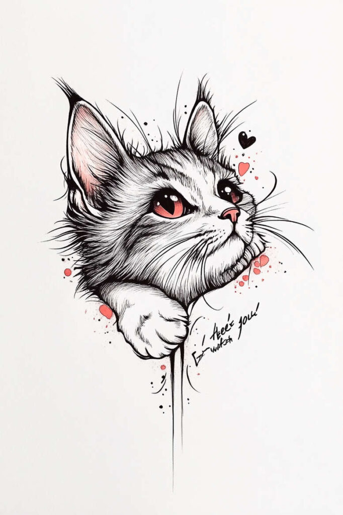 Black and grey line art cat portrait with pink eyes and nose, paw, and small hearts; tattoo project idea; not specifically for cover-up.