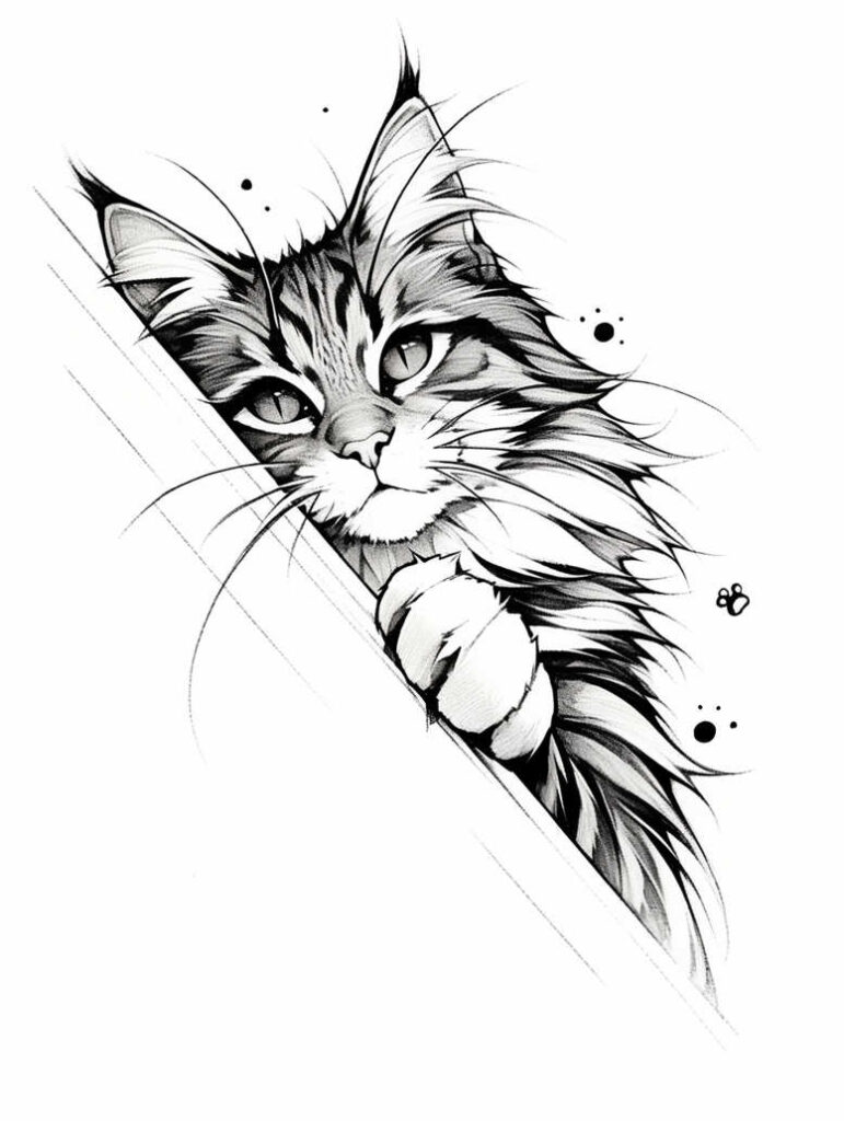 Cat and paw in black and grey line art; project; not suitable for cover-up.