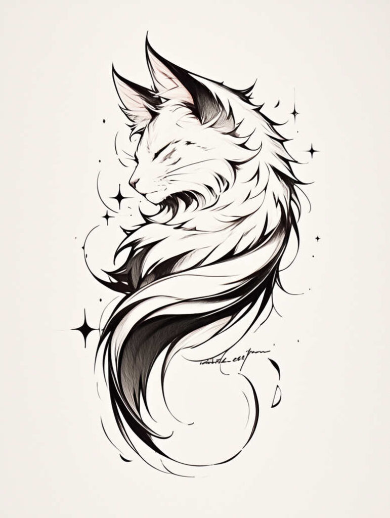 Cat silhouette in black ink with flowing fur and star accents; black and grey linework tattoo idea, not ideal for cover-up.