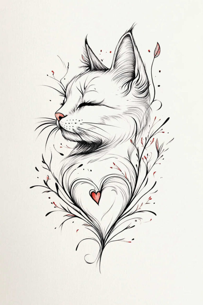 Black and grey fine-line cat portrait with heart vine pattern; red accents; AI-generated tattoo project.
