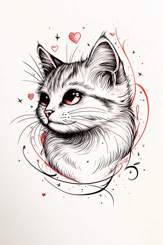 Cat tattoo design in black ink with red accents and heart motifs; linework with swirls; AI-generated tattoo project concept; not ideal for cover-up.