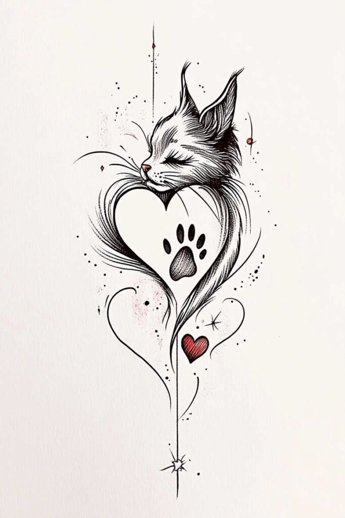 Cat, heart, paw print, and star line drawing in black ink with red accents; a project idea, not specifically for cover-up.