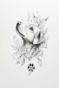 Dog head in fine-line black and grey with surrounding leaves; paw print beneath; tattoo project idea; cover-up suitability: not ideal.