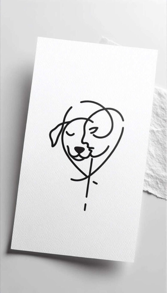 White card with black continuous-line dog face forming a heart on a white background; black ink; project idea; not specifically designed for cover-up.