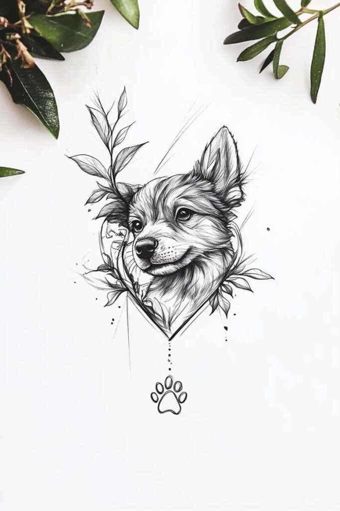 Dog head sketch in black and grey ink with leaves forming a heart outline and a dangling paw print; tattoo design idea; suitable for a cover-up.