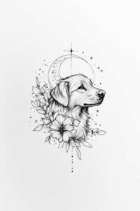 Dog portrait in black and grey fine line style with flowers and leaves around the neck, crescent moon behind, AI-generated tattoo project; pattern.