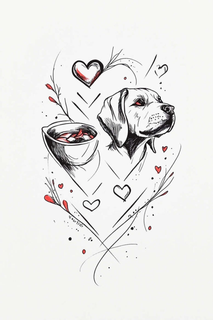 Dog portrait in black ink with a bowl and heart shapes on white background; black and grey project idea; not ideal for cover-up.
