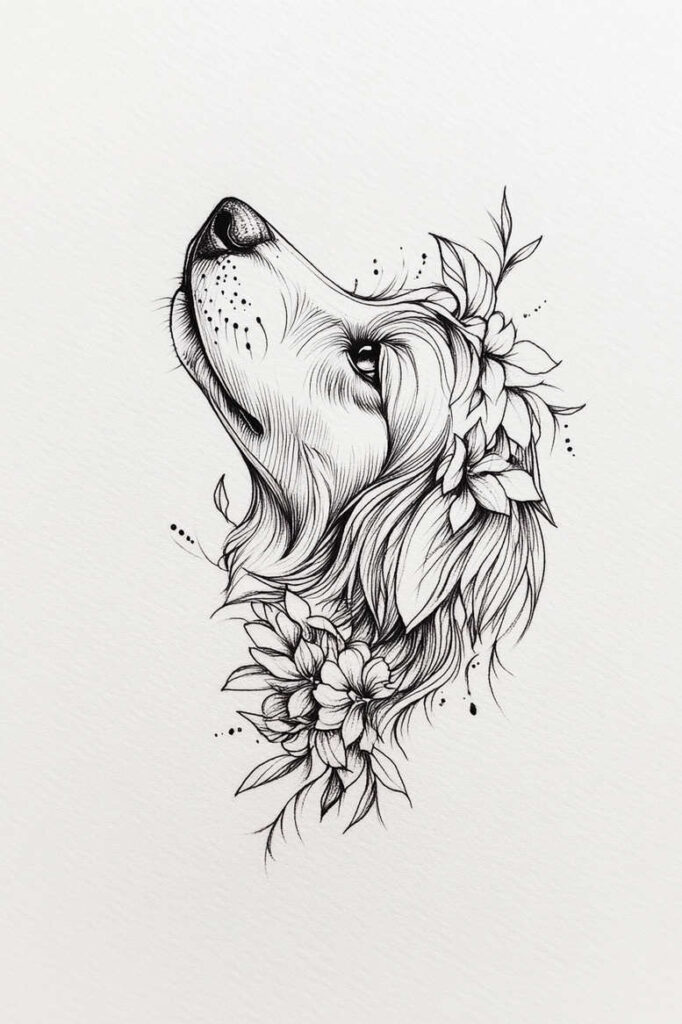 Dog head in black ink with a floral wreath and leaves; black and grey; tattoo project; not a cover-up.