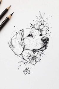 Dog head portrait in black and grey line art with floral crown, petals and leaves; paw prints; tattoo design idea; not ideal for cover-up.