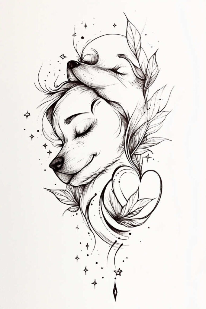Dog, heart, leaf, and star elements in a black and grey line drawing; a tattoo design concept, suitable for a cover-up.