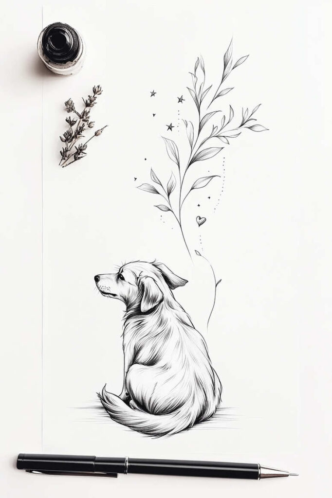 Dog, branch, star, heart, ink bottle, pen, sprig in a black and grey line drawing; tattoo design idea, cover-up potential.
