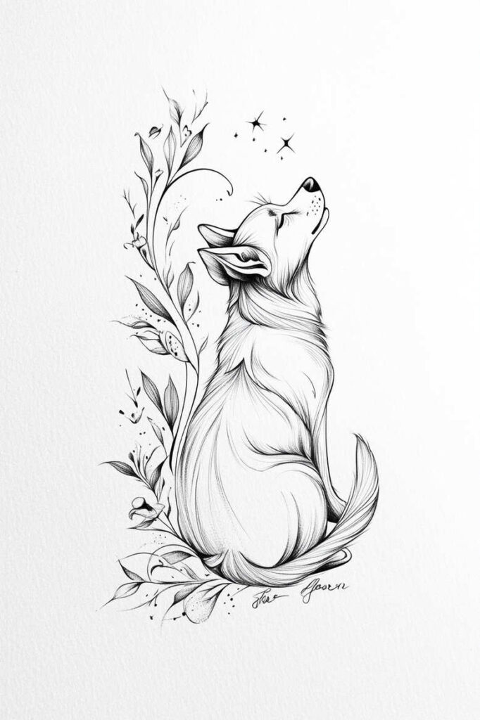 Dog with floral vine, leaves, and star accents in black linework on white background; project idea; not intended for cover-up.