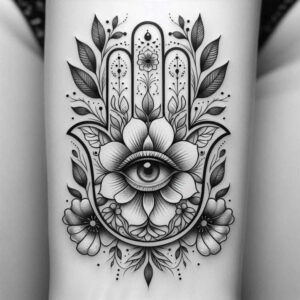 Black and grey Hamsa hand tattoo design with eye center, lotus flowers, leaves, and ornamental dots; project idea; suitable for cover-up.