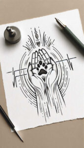 Hands in black linework forming a paw print inside circular rings on white paper; ink bottle and pen nearby; black and grey tattoo design idea; not a cover-up.