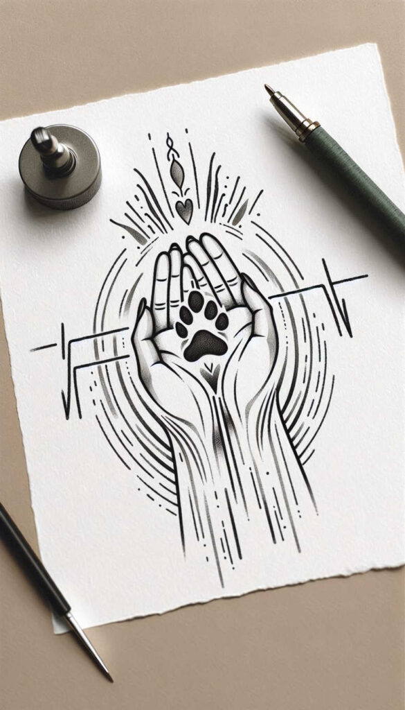 Hands in black linework forming a paw print inside circular rings on white paper; ink bottle and pen nearby; black and grey tattoo design idea; not a cover-up.