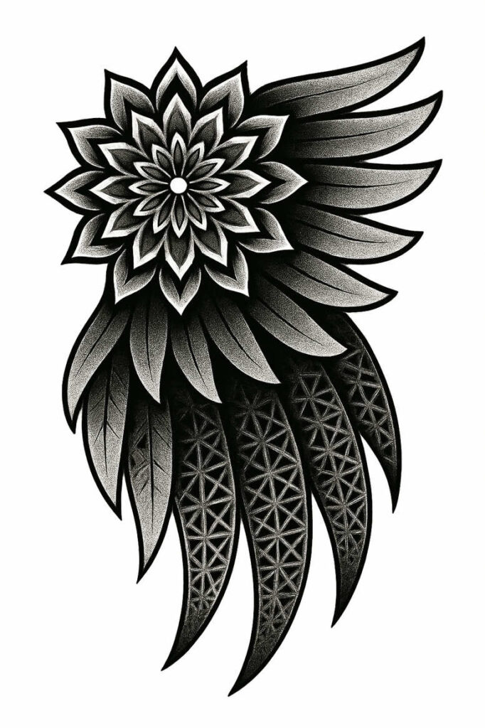 Black and grey tattoo design featuring a central mandala flower with layered petals and long feather-like shapes adorned with geometric lattice patterns; project idea.