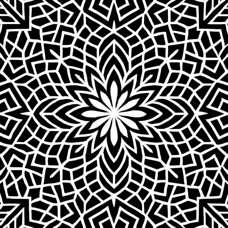 Black background with white geometric mandala pattern; AI-generated tattoo project idea; suitable for a cover-up.