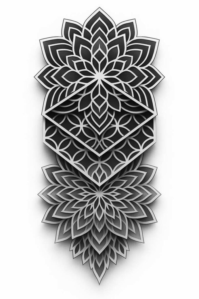 Petals, diamonds, and circles form a stacked mandala in black and grey; AI-generated tattoo project, ideal for cover-up.