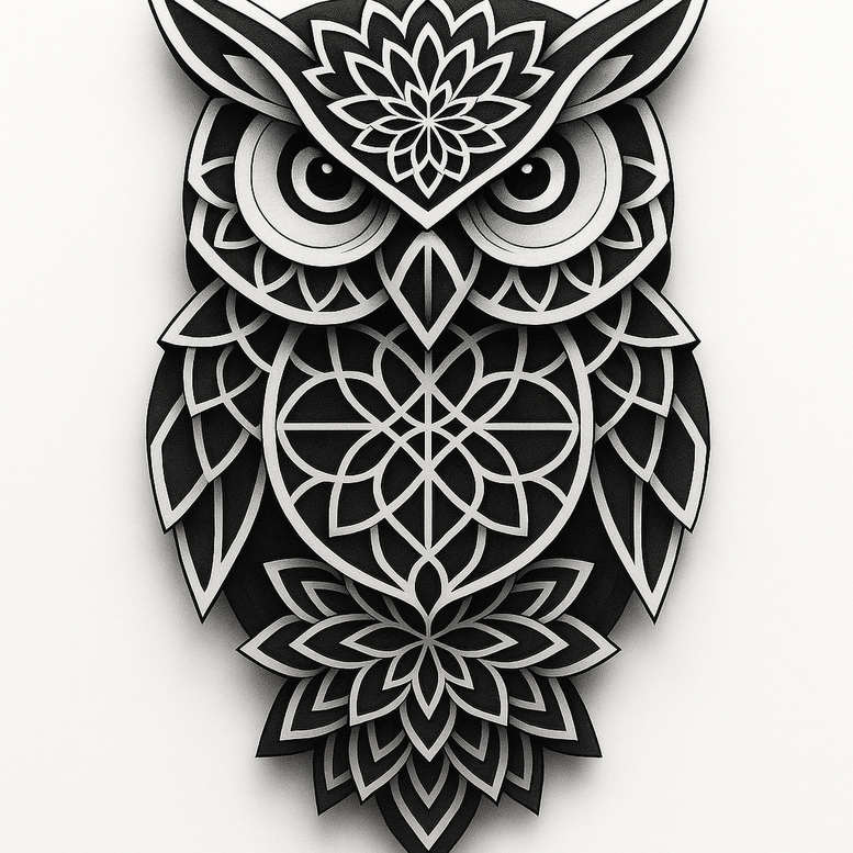 Owl with geometric mandala patterns in black and grey line art; tattoo design concept, AI-generated idea; suitable for cover-up.
